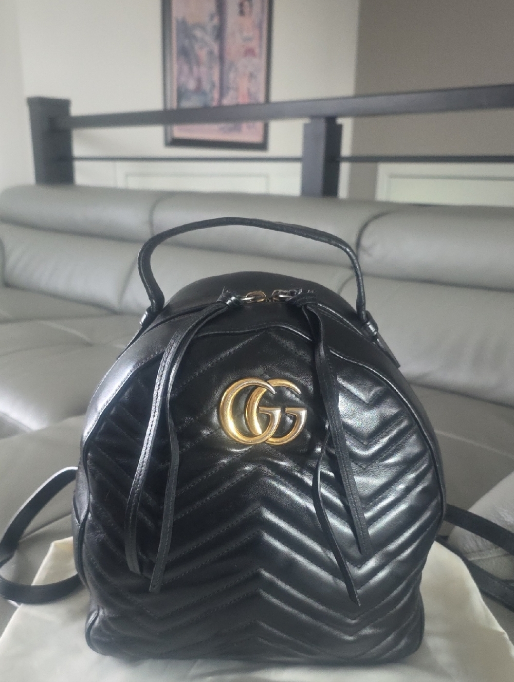 GUCCI Black Chevron Quilted Mini Backpack with Gold Double G EUC